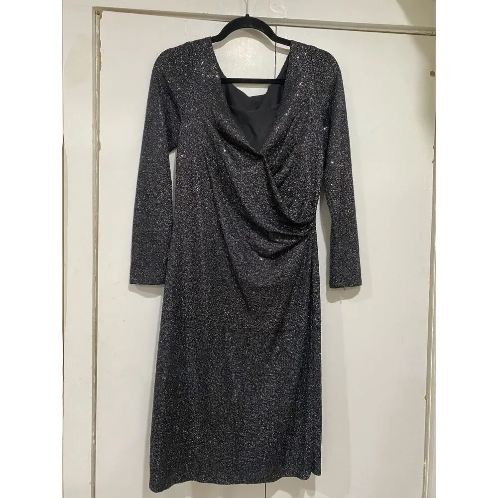 Carmen Marc Valvo Dress Sz 8 Black Silver Beaded Neck Sequin Cocktail Midi - Picture 11 of 12